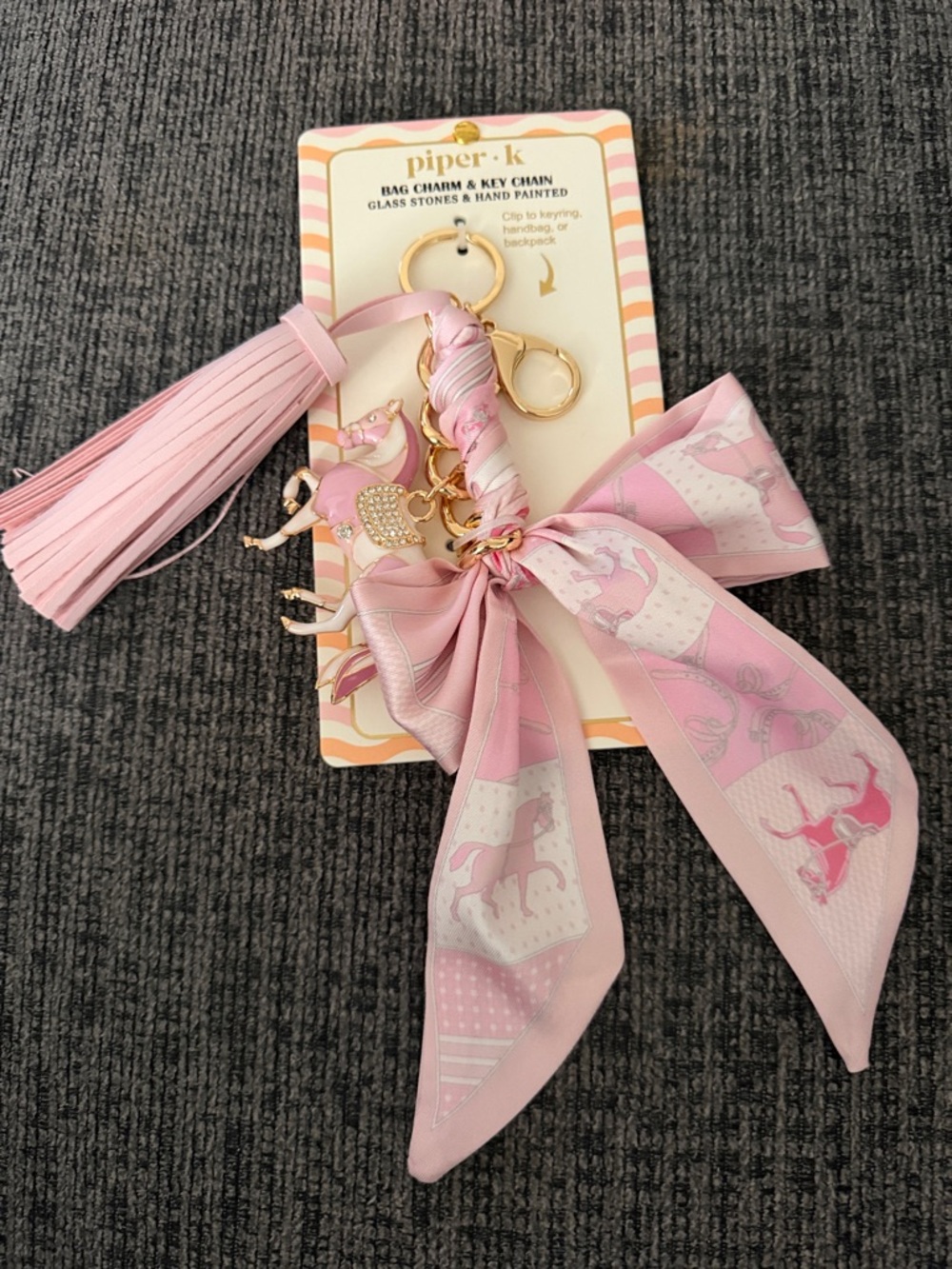 nipper.k Pink Horse Charm Keychain with Tassel and Bow Scarf